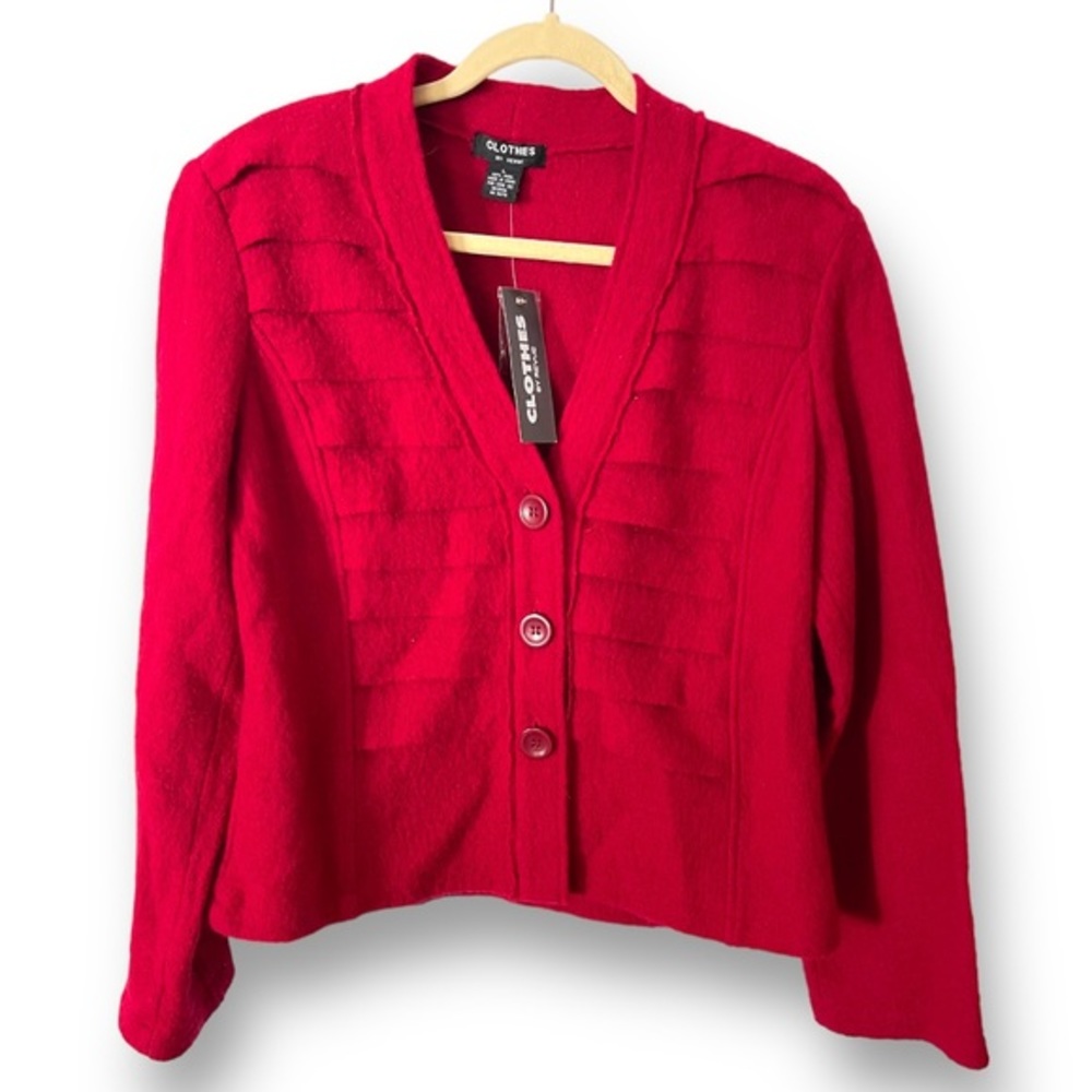 Clothes by Revue Cherry Red Boiled Wool ‎ Button Down Blazer Jacket L NWT 80’s